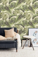 Vintage Green Monstera Palm Leaves Wallpaper
