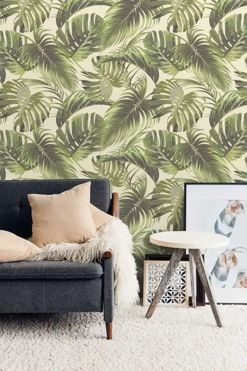 Vintage Green Monstera Palm Leaves Wallpaper