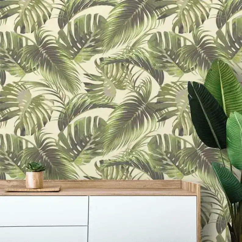 Vintage Green Monstera Palm Leaves Wallpaper