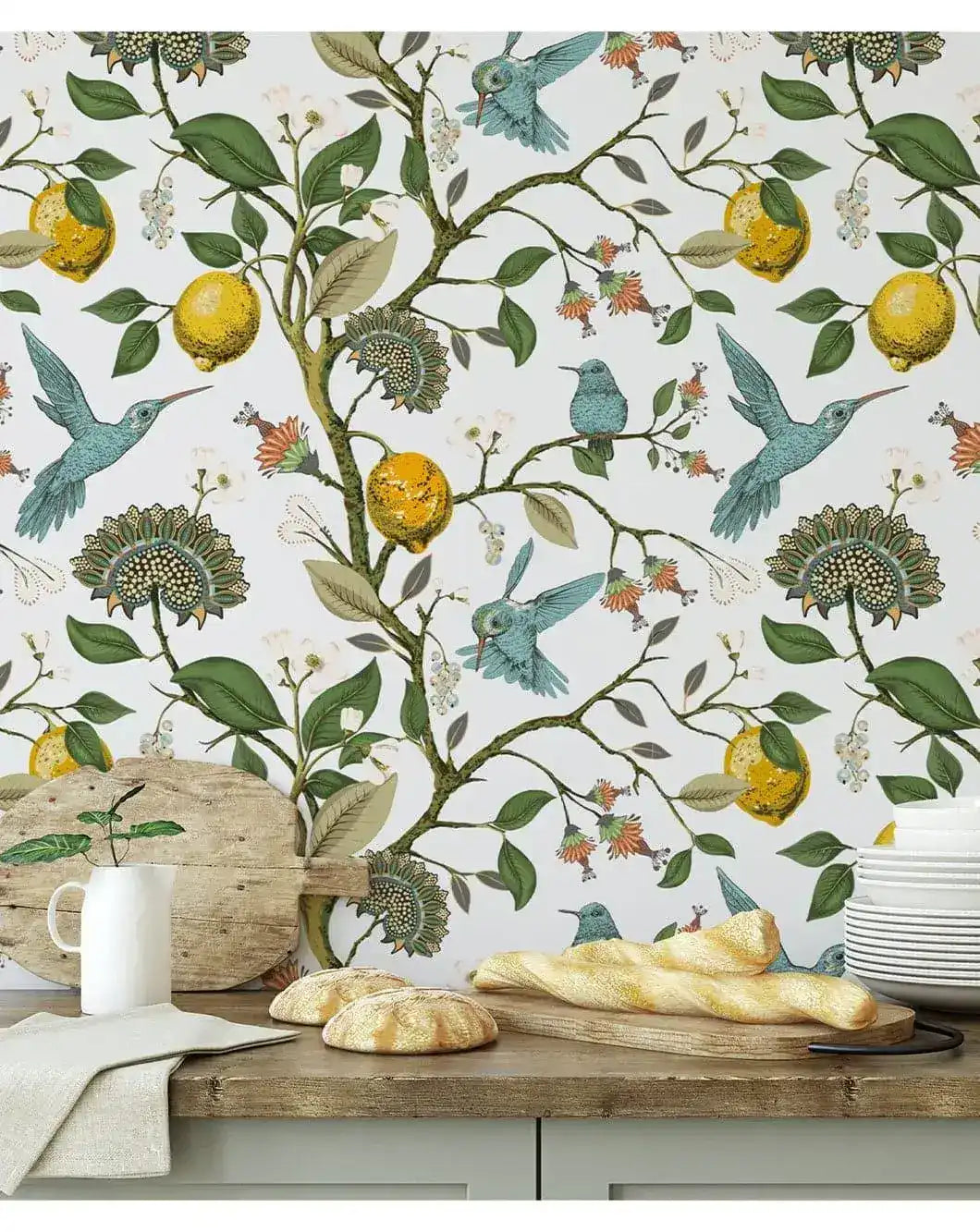 Vintage Hummingbird Chinese Style Birds Tree Branch Wallpaper 35" wide x 120" height 90 cm x 304 cm Fabric Peel and Stick
