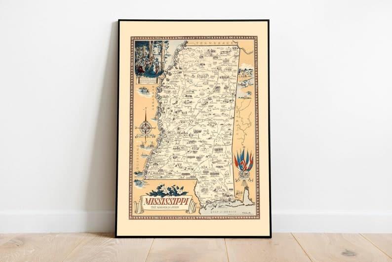 Vintage Mississippi Map Print| Mississippi Canvas Wall Art - MAIA HOMES