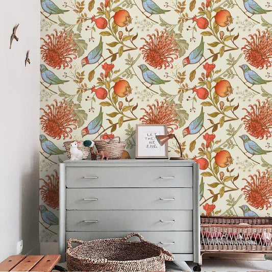 Vintage Orange Floral and Birds Wallpaper - MAIA HOMES