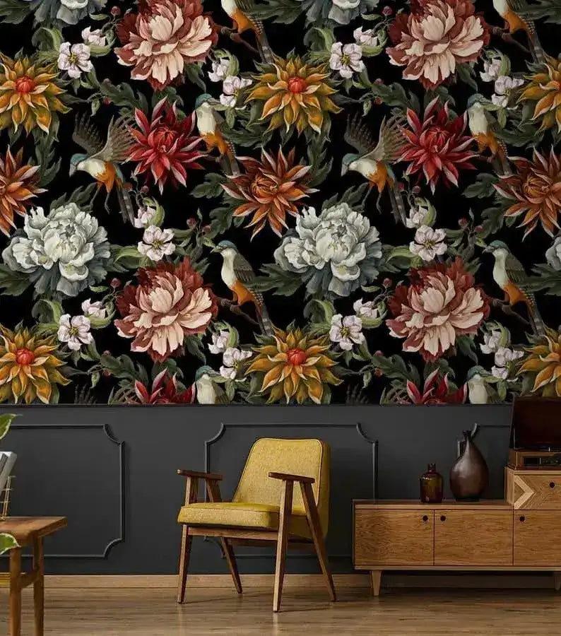 Vintage Oversized Exotic Flowers and Birds on Black Wallpaper