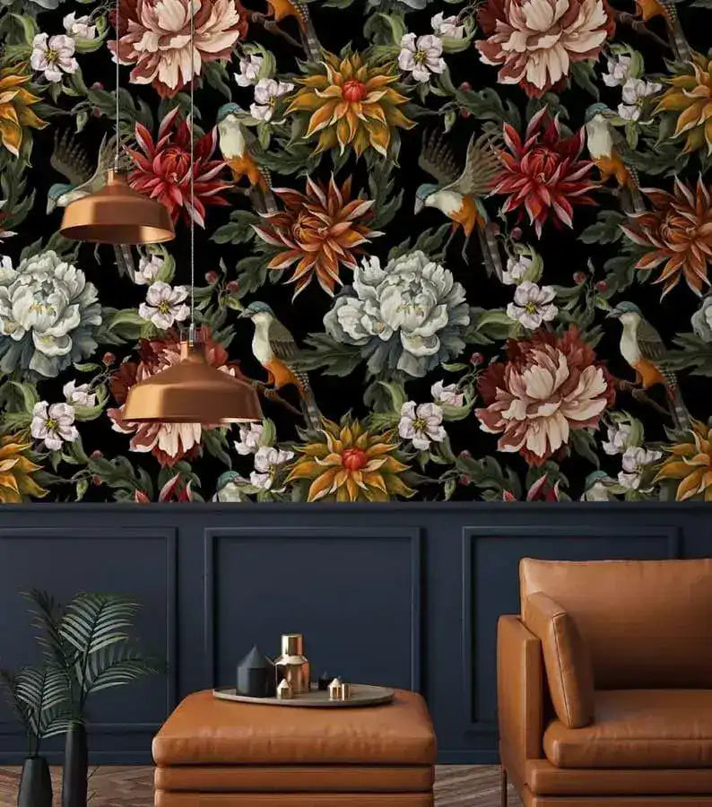 Vintage Oversized Exotic Flowers and Birds on Black Wallpaper
