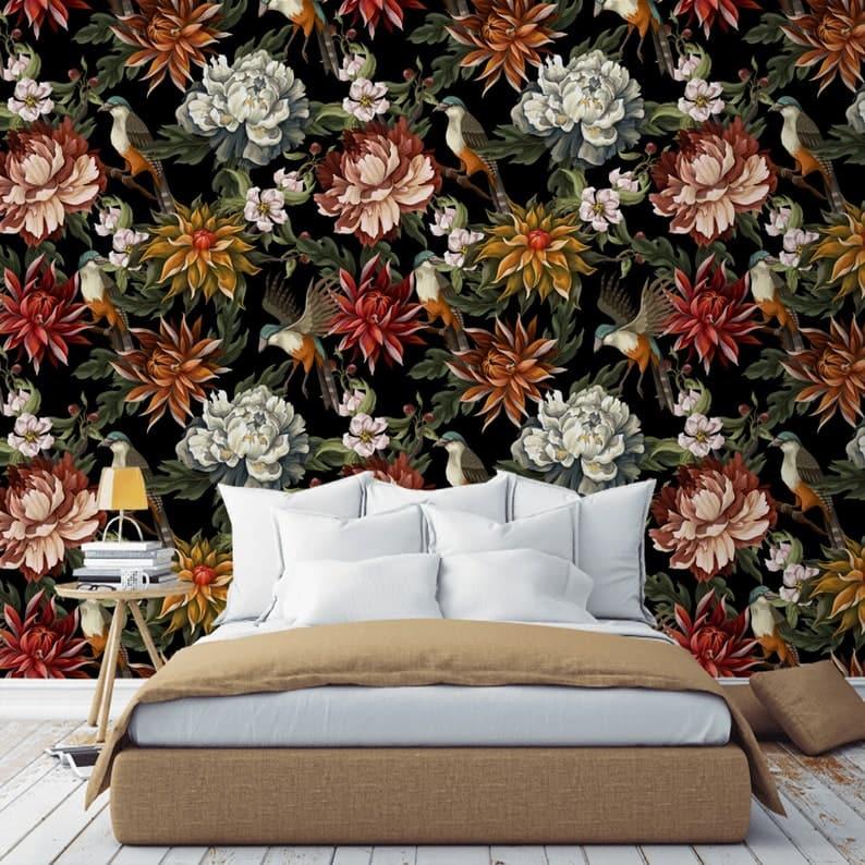 Vintage Oversized Exotic Flowers and Birds on Black Wallpaper - MAIA HOMES