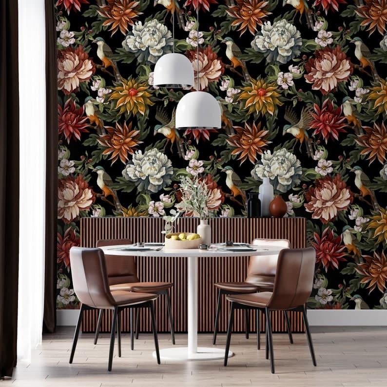 Vintage Oversized Exotic Flowers and Birds on Black Wallpaper - MAIA HOMES