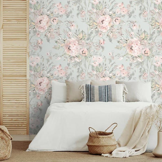 Vintage Pastel Pink and Gray Delicate Floral Wallpaper - MAIA HOMES