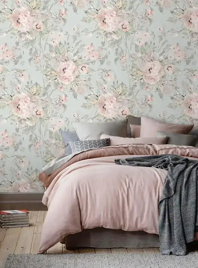 Vintage Pastel Pink and Gray Delicate Floral Wallpaper