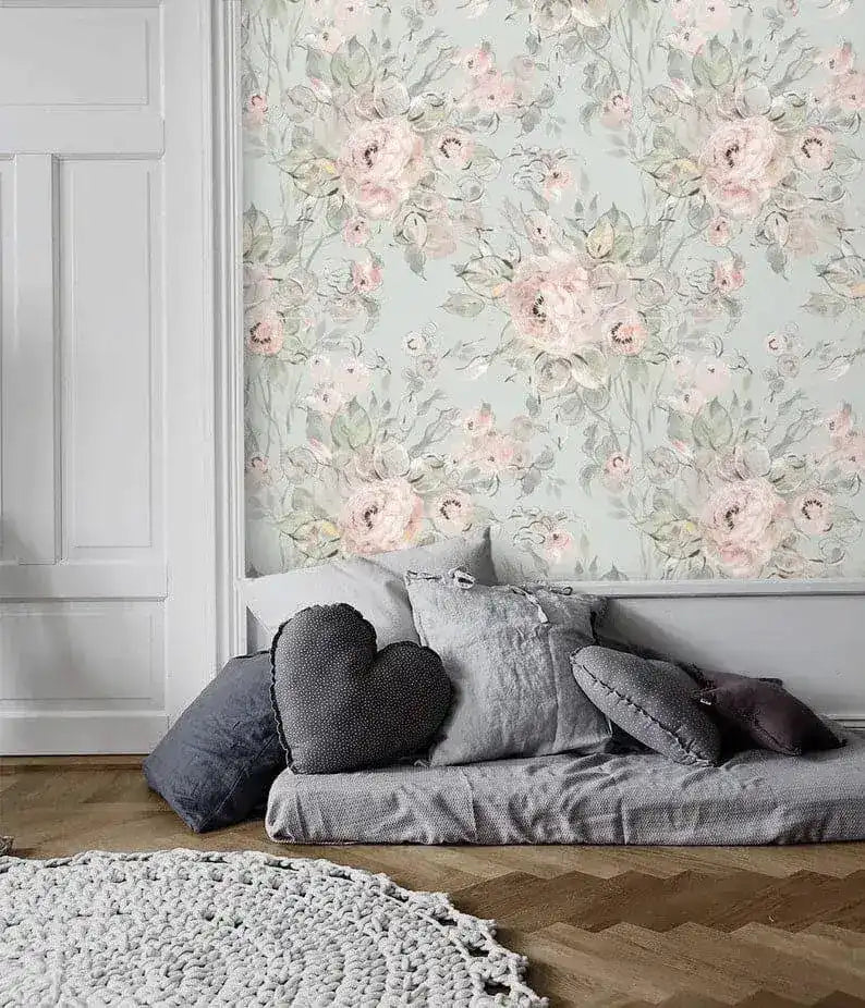Vintage Pastel Pink and Gray Delicate Floral Wallpaper