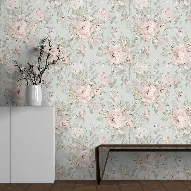 Vintage Pastel Pink and Gray Delicate Floral Wallpaper