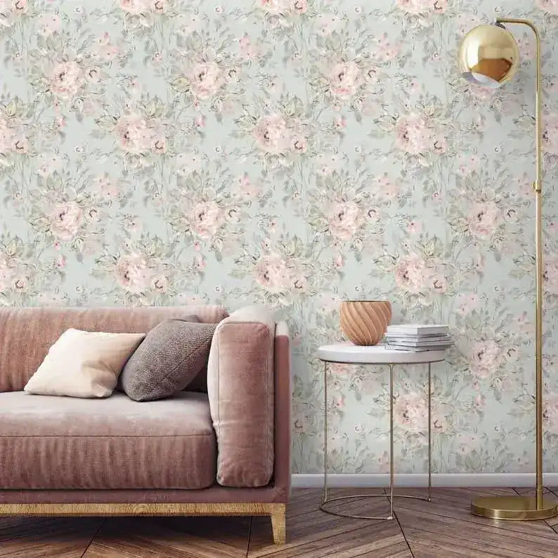 Vintage Pastel Pink and Gray Delicate Floral Wallpaper