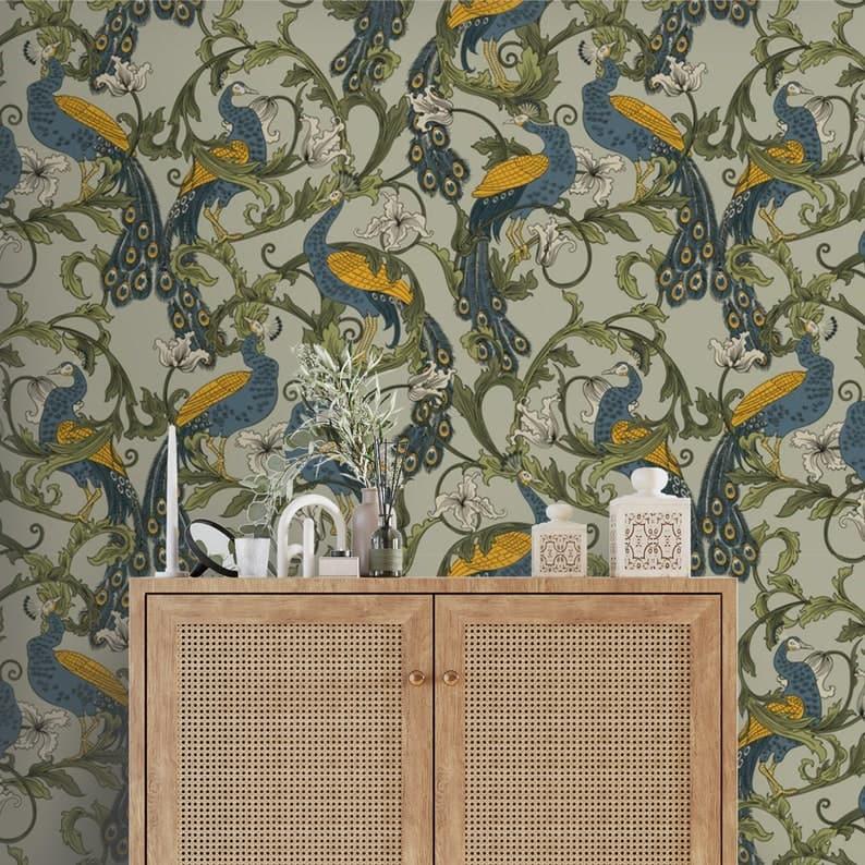 Vintage Peacocks and Botanical Wallpaper - MAIA HOMES