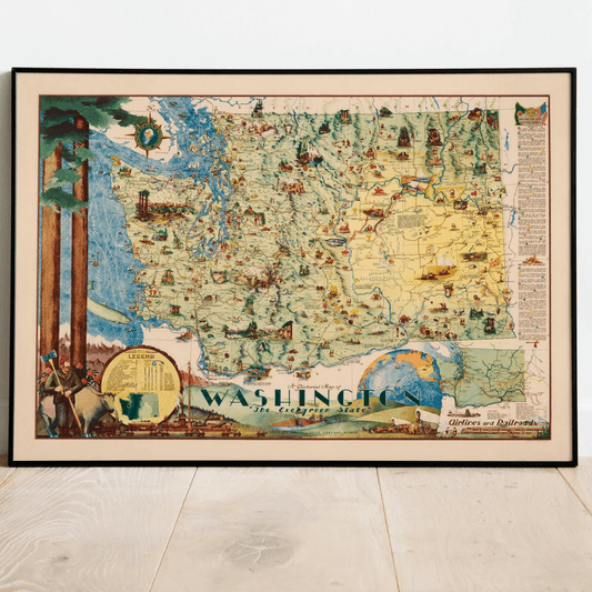 Vintage Pictorial Map of Washington The Evergreen State Map Poster Print - MAIA HOMES