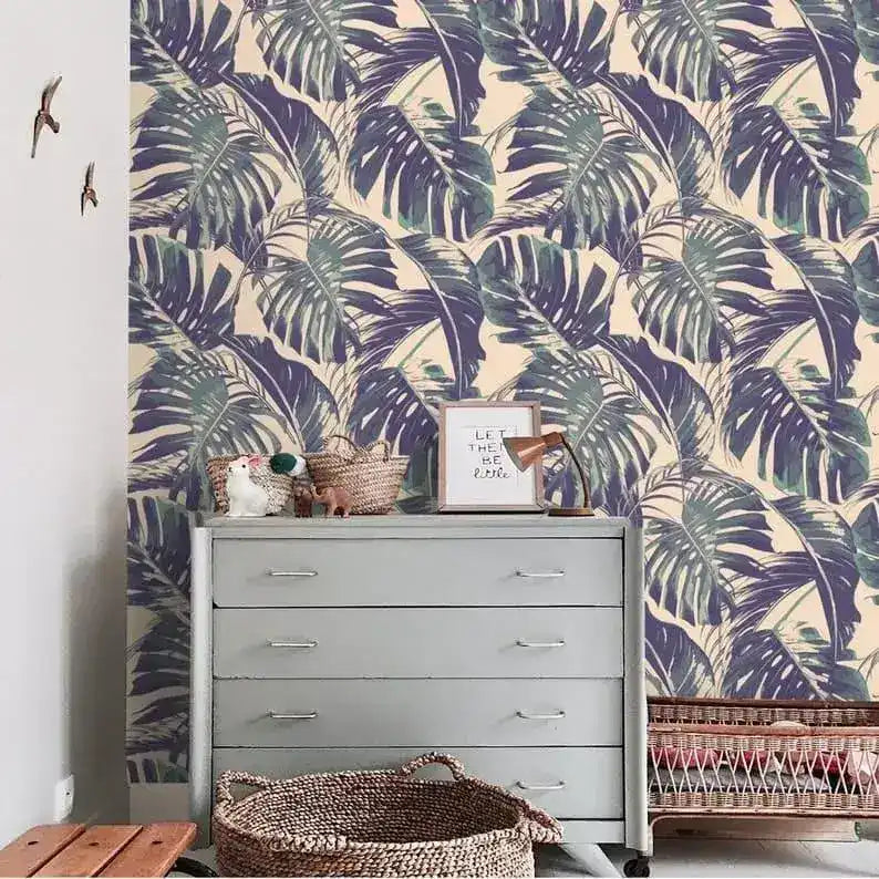 Vintage Purple Monstera Palm Leaves Wallpaper