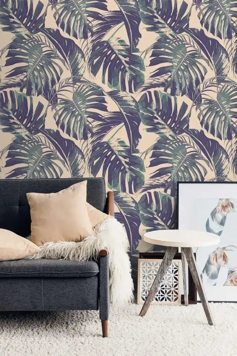 Vintage Purple Monstera Palm Leaves Wallpaper
