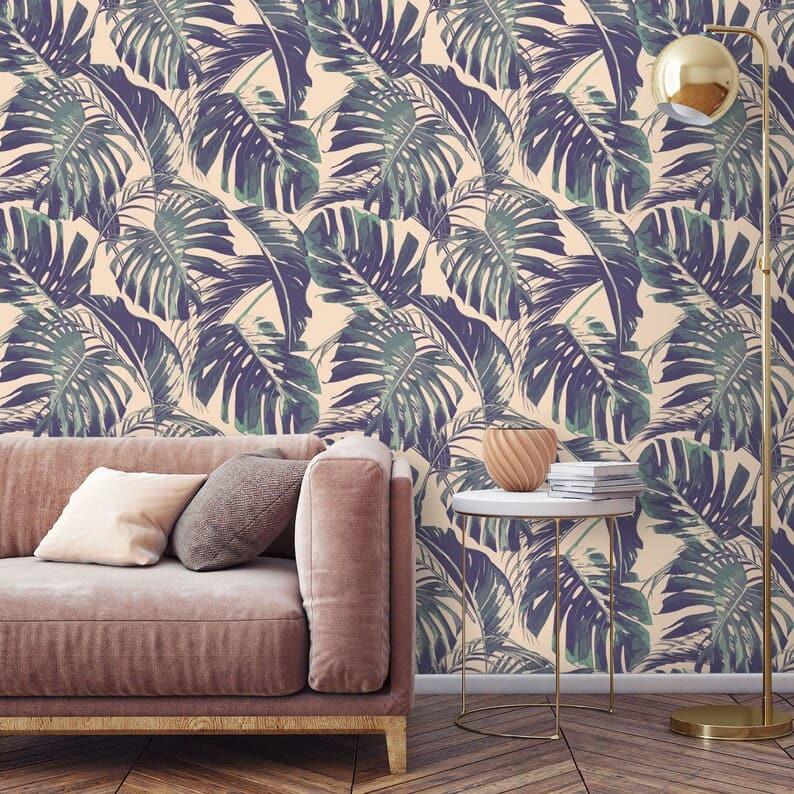 Vintage Purple Monstera Palm Leaves Wallpaper - MAIA HOMES