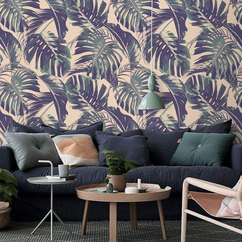 Vintage Purple Monstera Palm Leaves Wallpaper - MAIA HOMES
