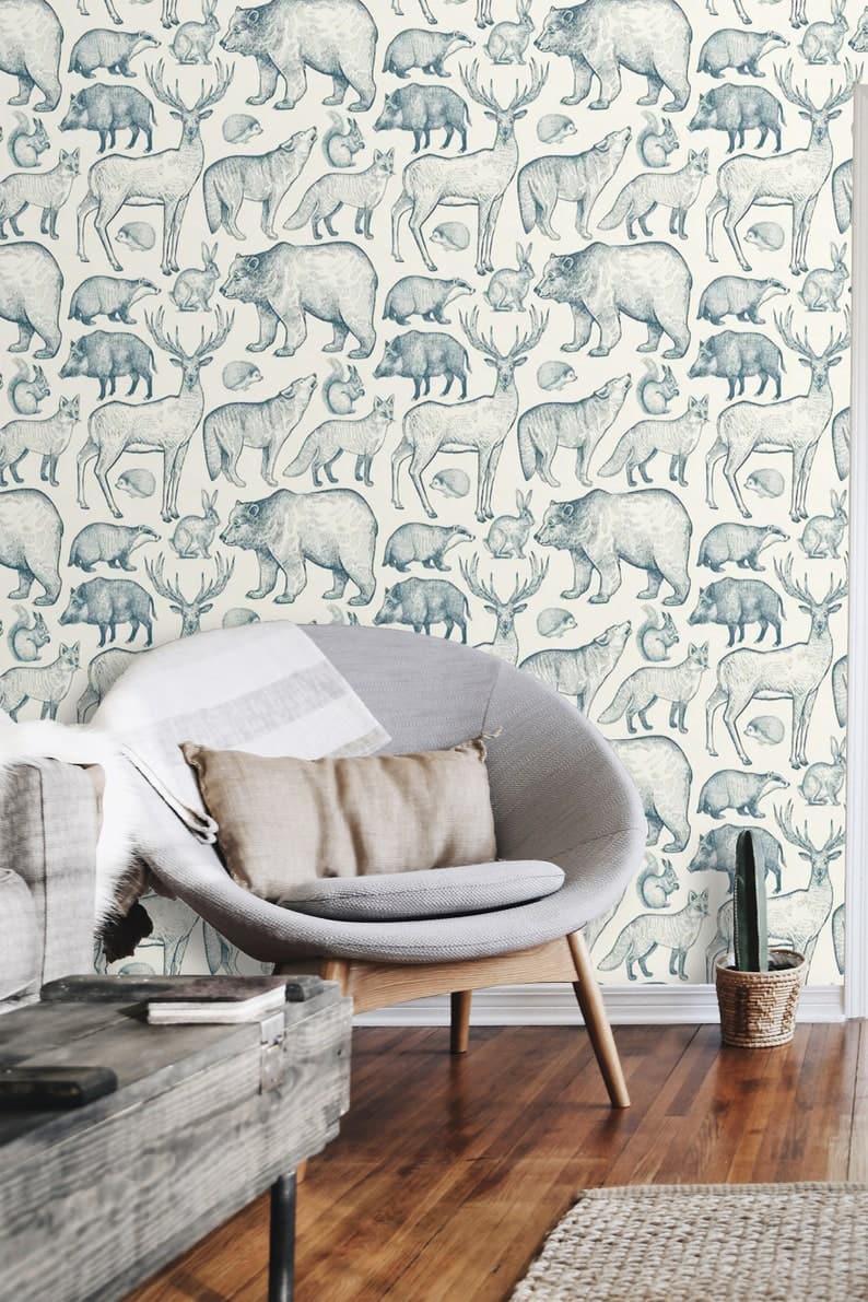 Vintage Wild Forest Life Blue Wallpaper - MAIA HOMES