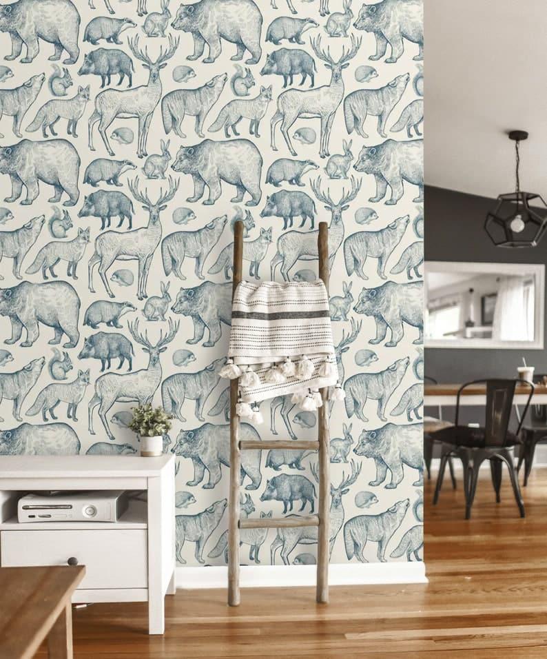Vintage Wild Forest Life Blue Wallpaper - MAIA HOMES