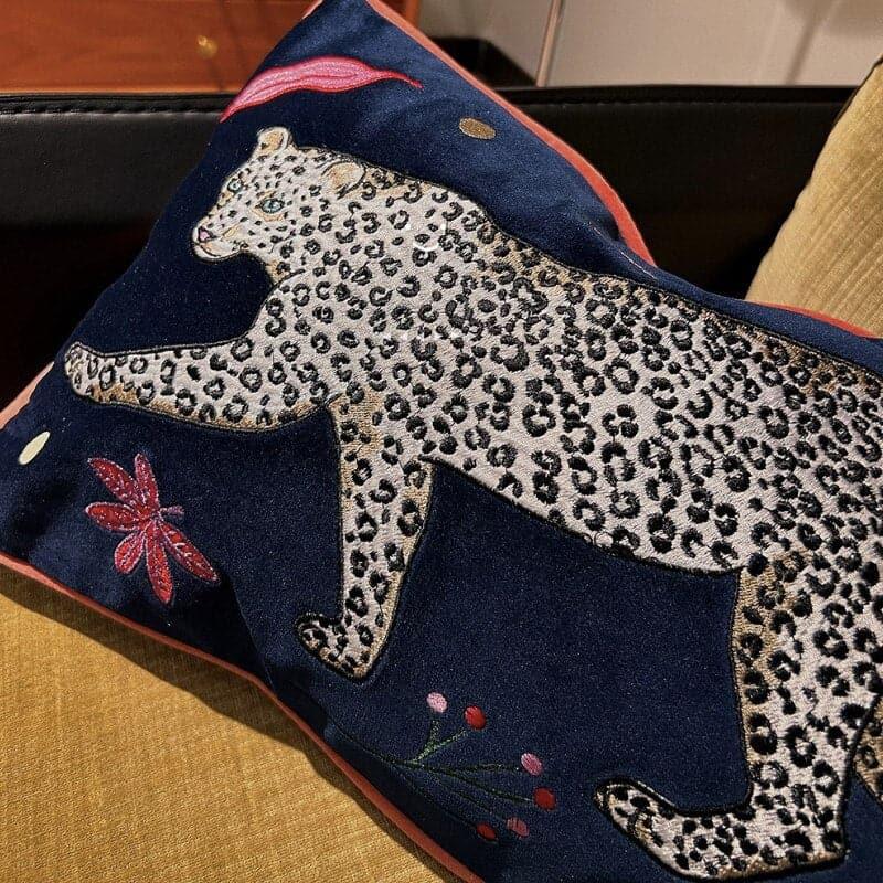 Walking Leopard Blue Jungle Accent Pillow