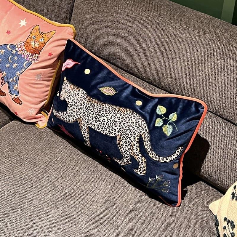 Walking Leopard Blue Jungle Accent Pillow