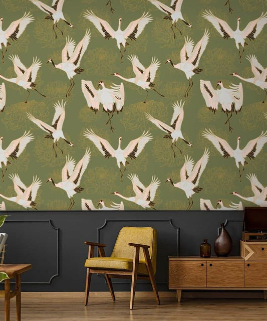 Watercolor Cranes Chinoiserie Wallpaper - MAIA HOMES