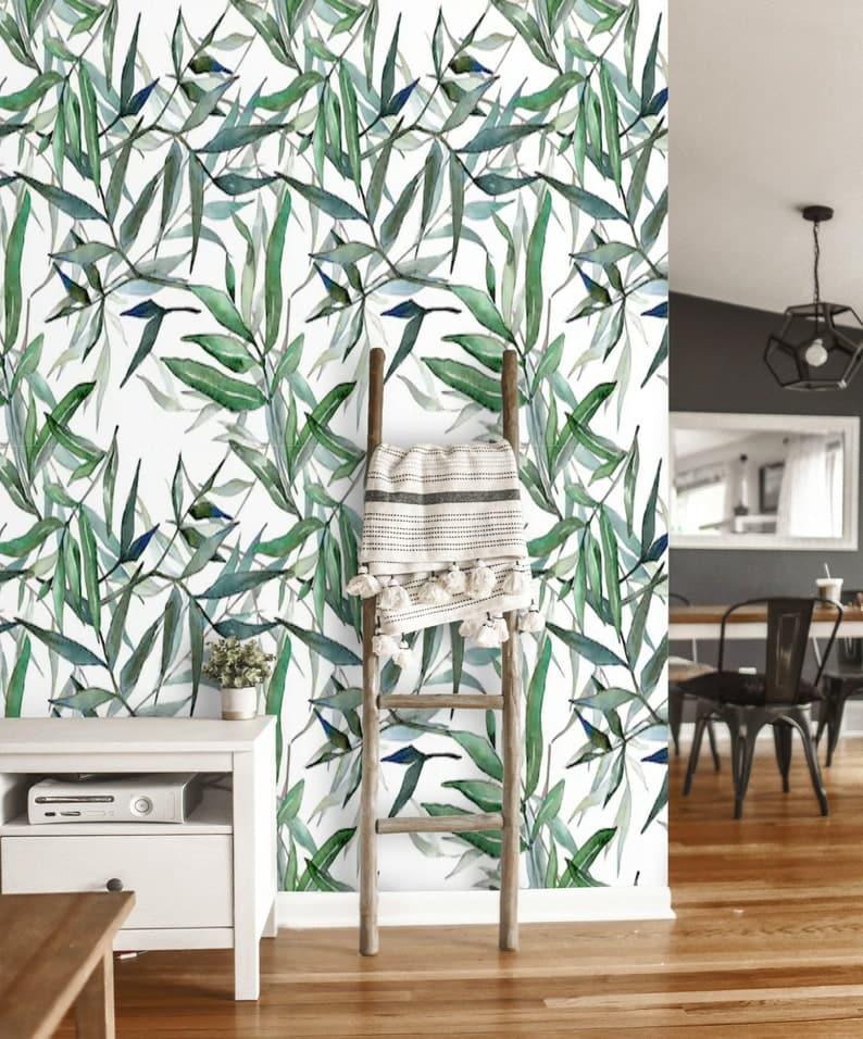 Watercolor Green Bamboo Leaves Botanical Wallpaper - MAIA HOMES