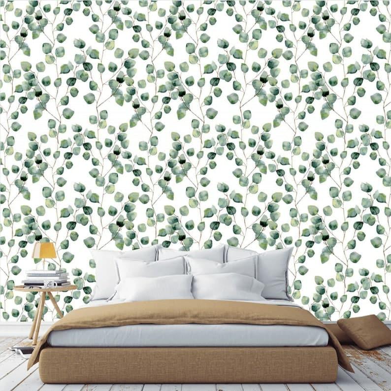 Watercolor Green Simplistic Leaves Wallpaper - MAIA HOMES