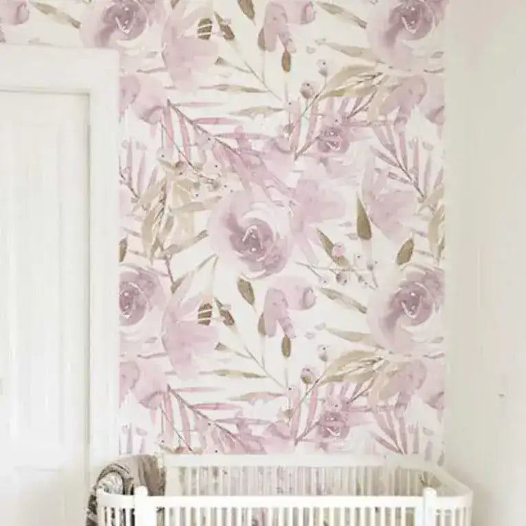 Watercolor Pale Pink Leaf and Floral Wallpaper 34" W x 118" H
