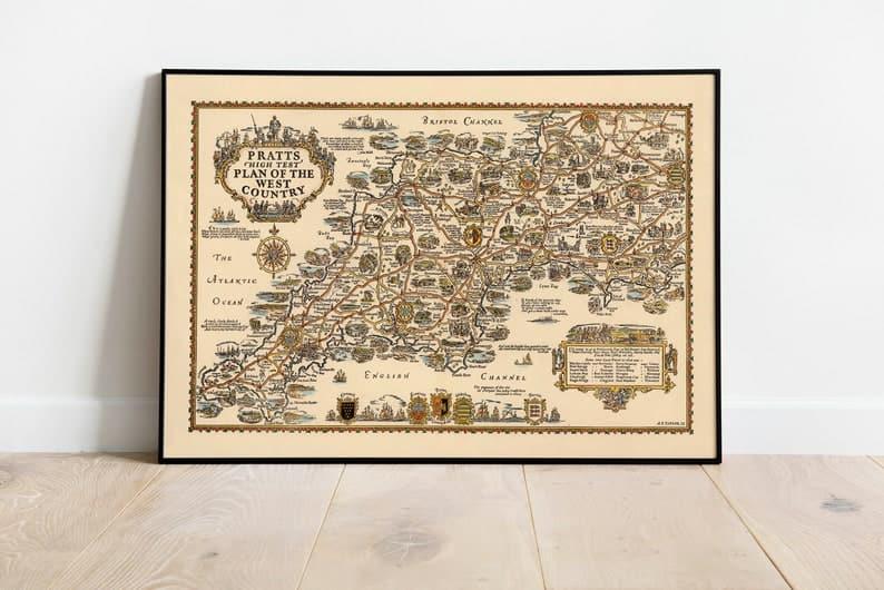 West Country Map Poster| England Old Maps Wall Art