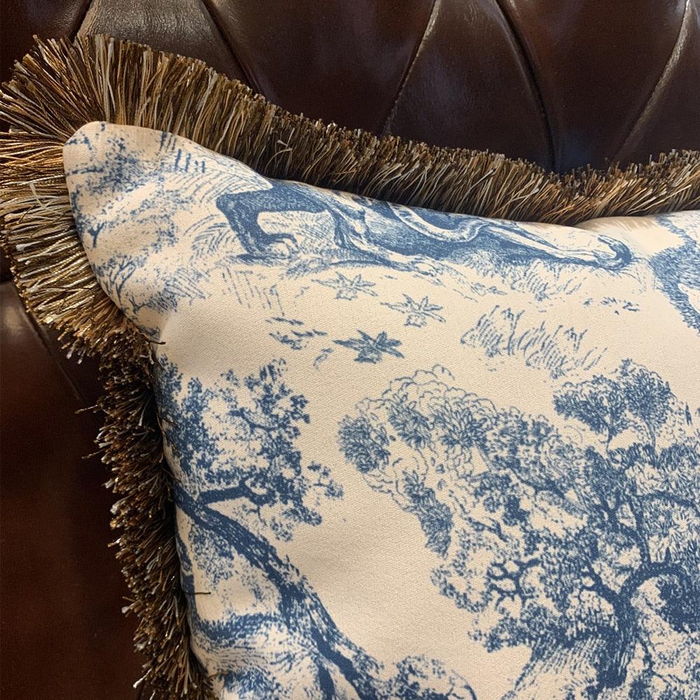 White and Blue Chinoiserie Throw Pillow with Fringes