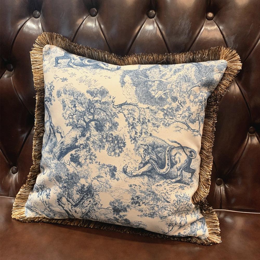 White and Blue Chinoiserie Throw Pillow with Fringes