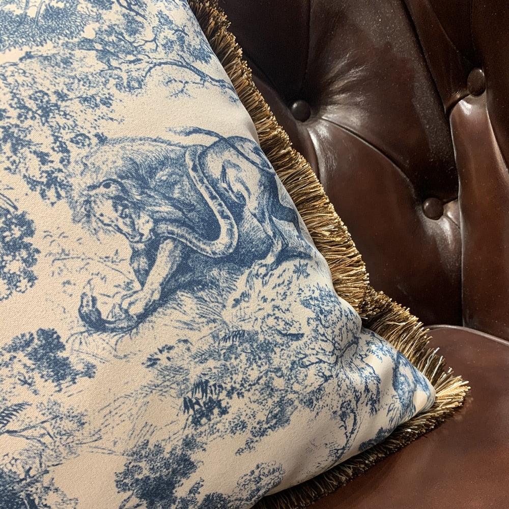 White and Blue Chinoiserie Throw Pillow with Fringes