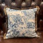 White and Blue Chinoiserie Throw Pillow with Fringes