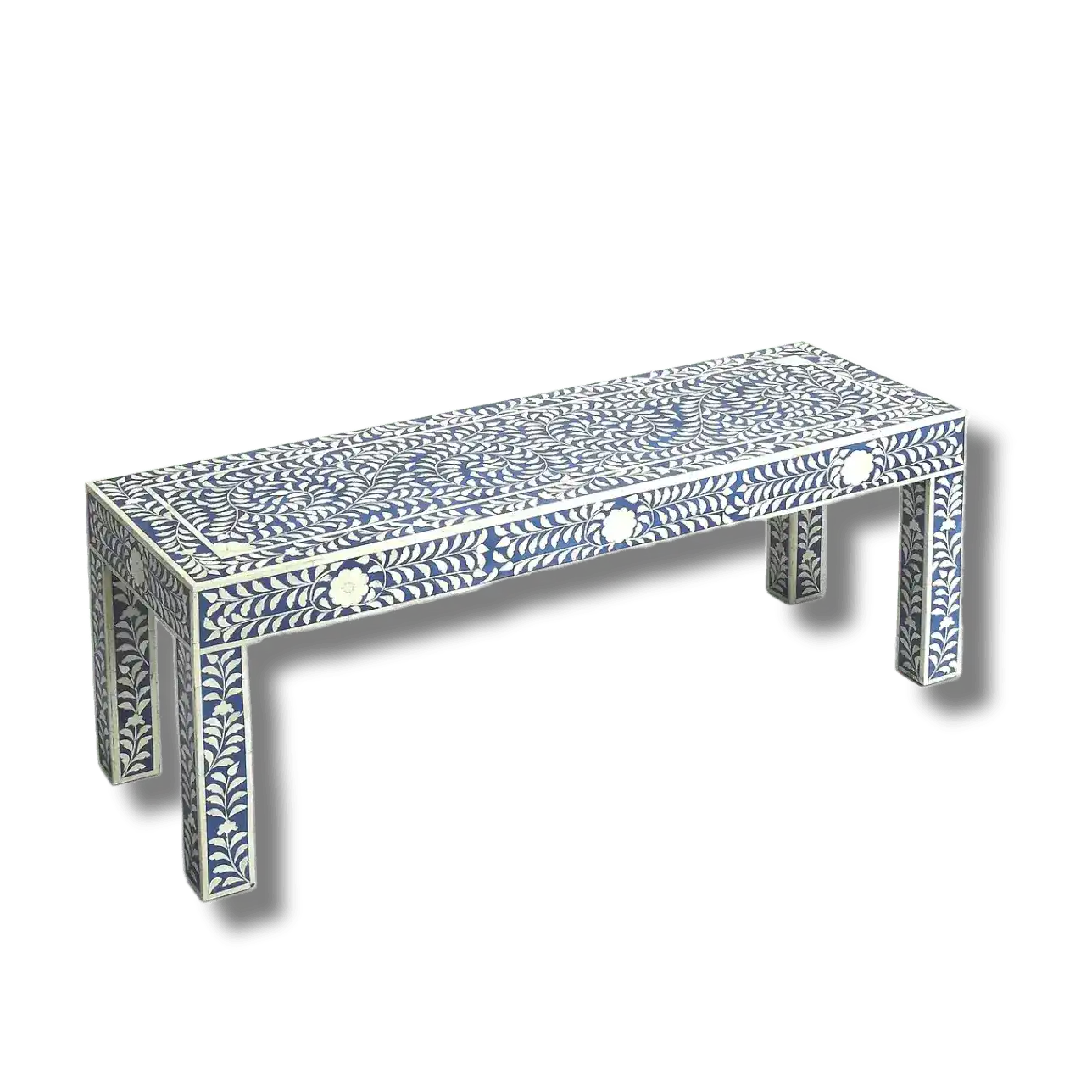White and Blue Floral Bone Inlay Bench | Maia Homes – MAIA HOMES