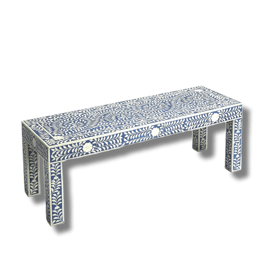 White and Blue Floral Bone Inlay Bench - MAIA HOMES