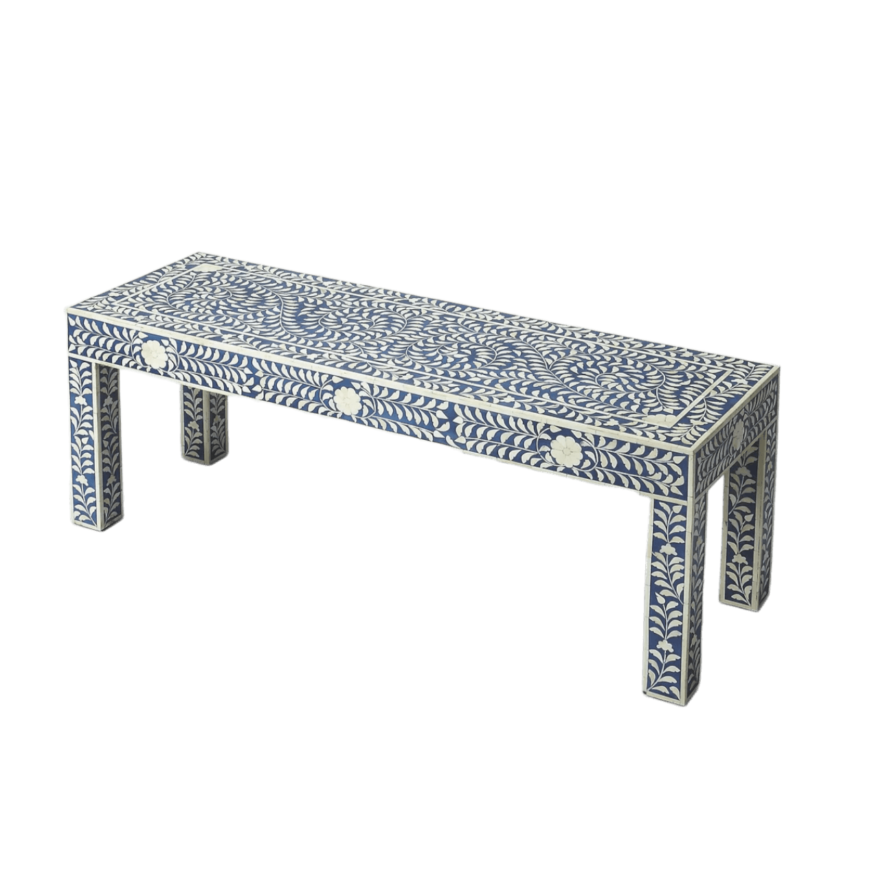 White and Blue Floral Bone Inlay Bench