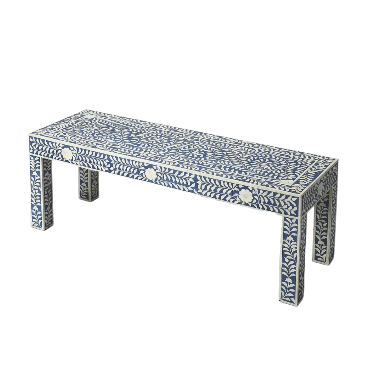 White and Blue Floral Bone Inlay Bench - MAIA HOMES