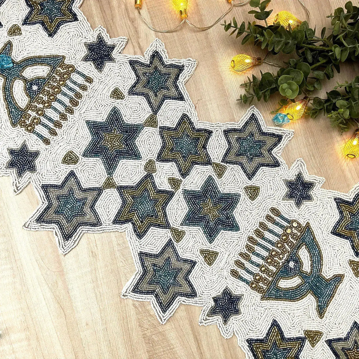 White and Blue Hanukkah Decorative Beaded Table Runner Default Title