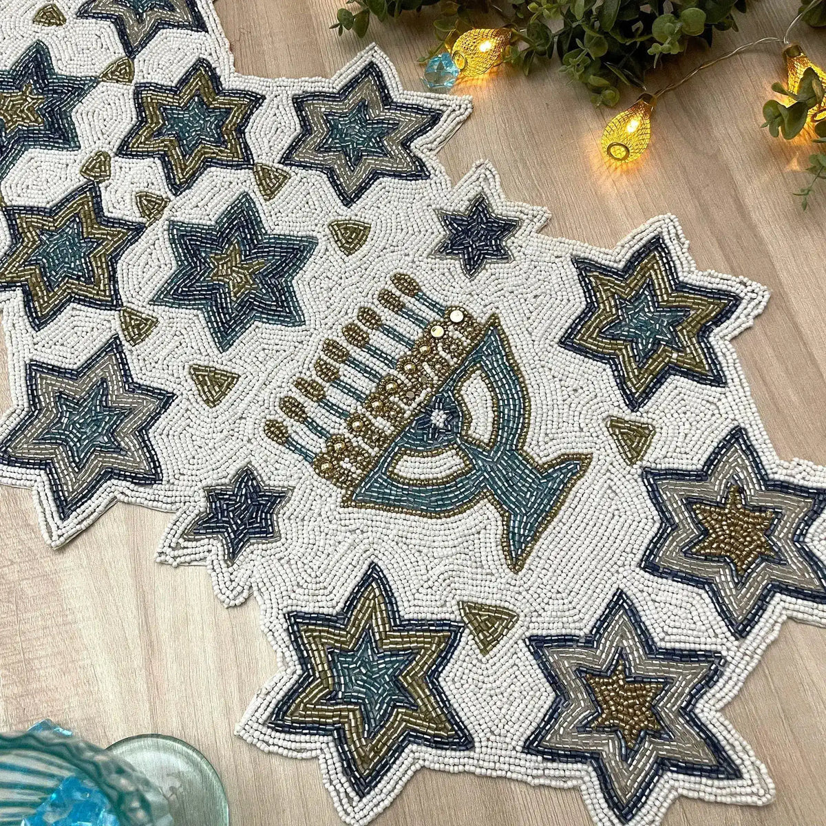 White and Blue Hanukkah Decorative Beaded Table Runner