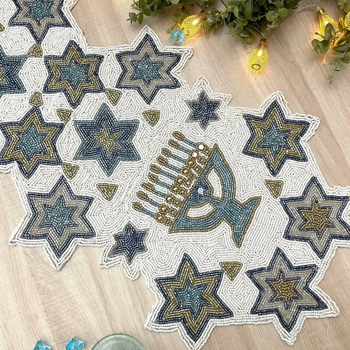 White and Blue Hanukkah Decorative Beaded Table Runner