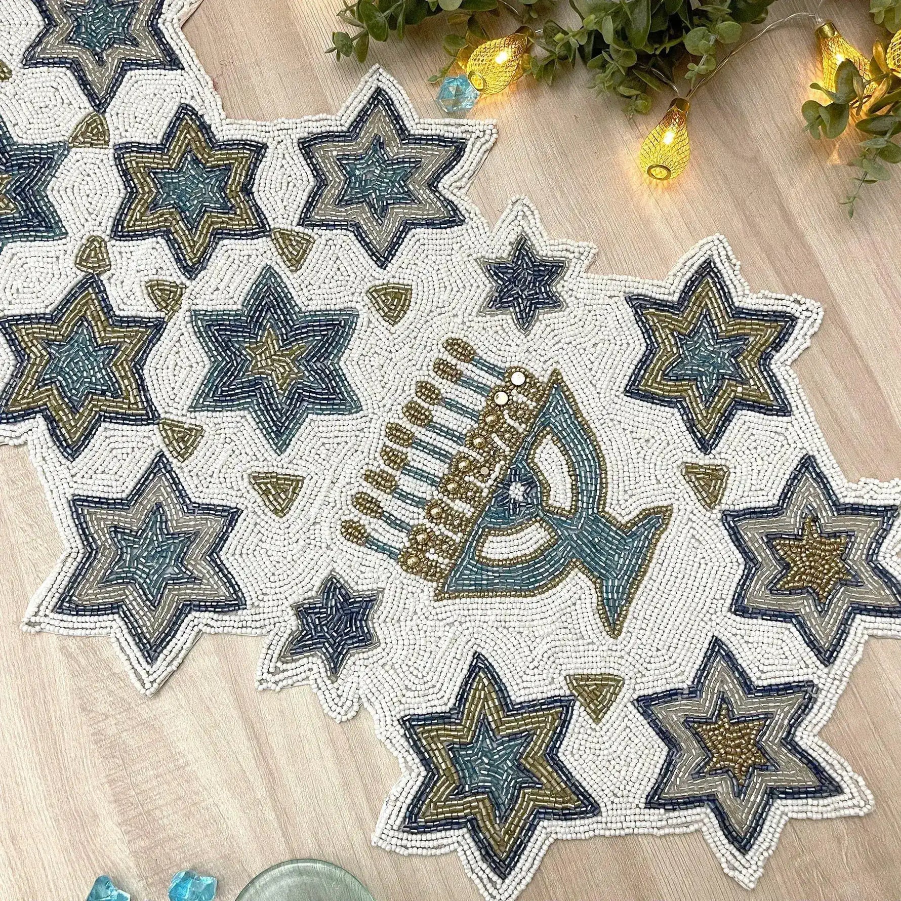 White and Blue Hanukkah Decorative Beaded Table Runner