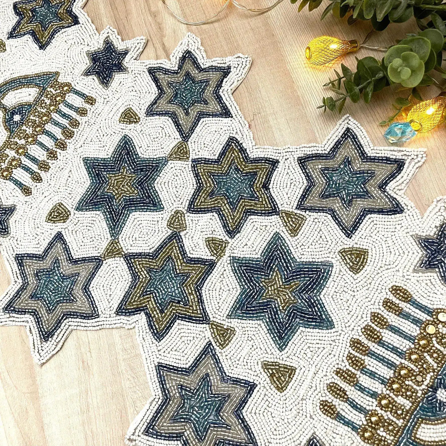 White and Blue Hanukkah Decorative Beaded Table Runner