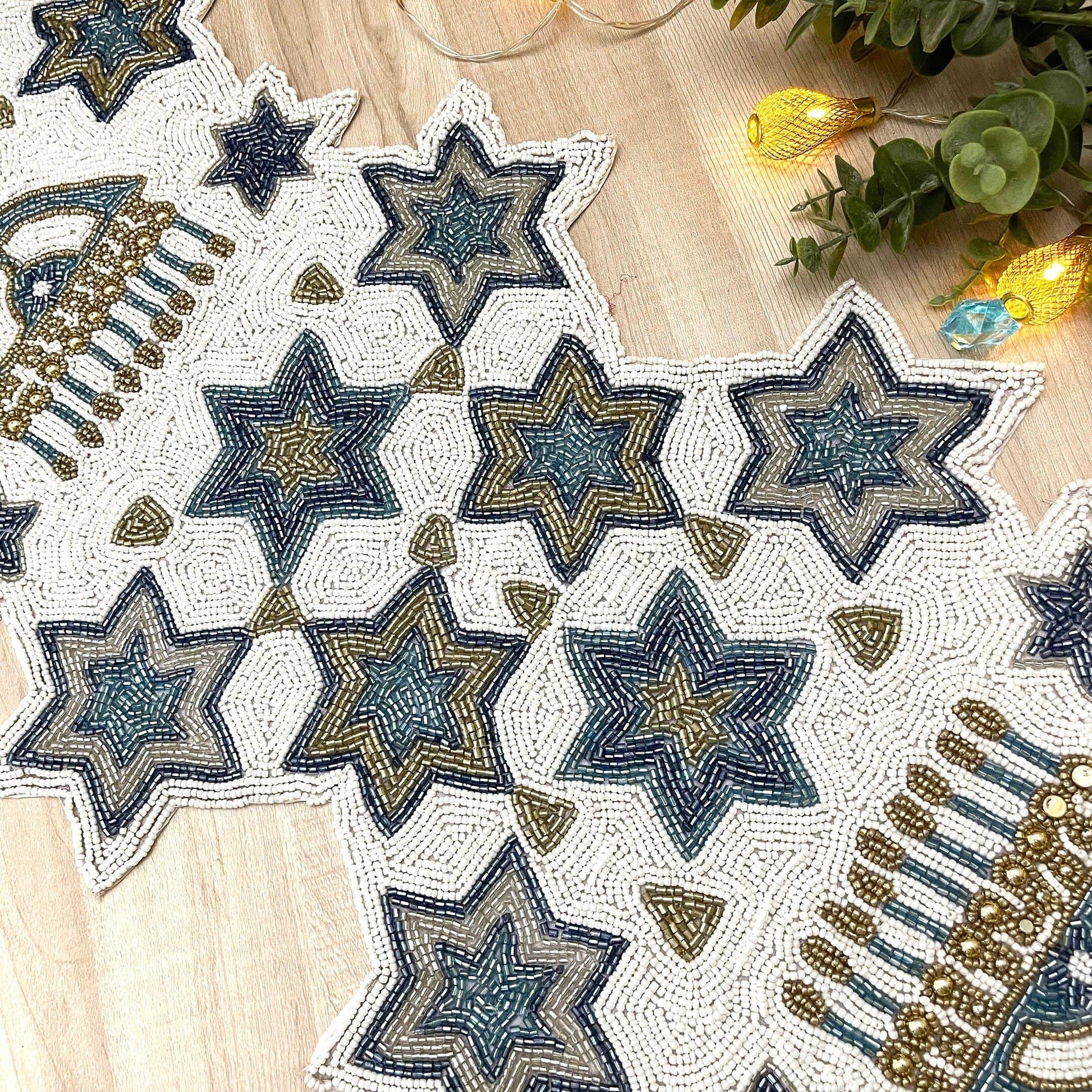 White and Blue Hanukkah Decorative Beaded Table Runner - MAIA HOMES