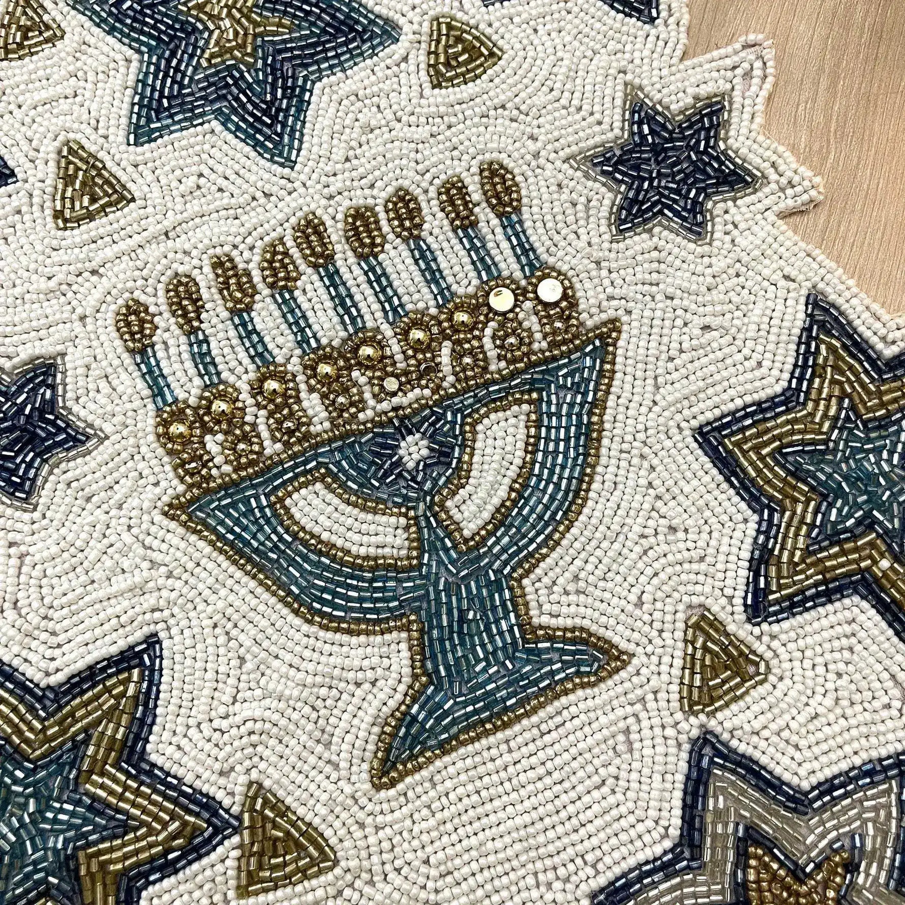 White and Blue Hanukkah Decorative Beaded Table Runner