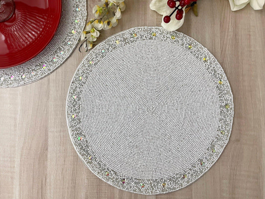 White and Glitzy Round Beaded Placemat - MAIA HOMES