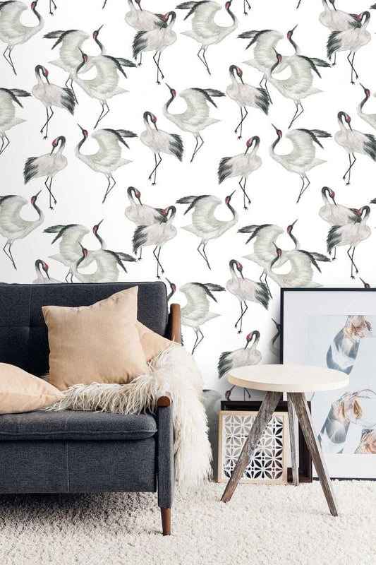 White and Gray Herons Minimalist Wallpaper - MAIA HOMES