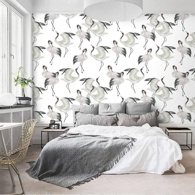 White and Gray Herons Minimalist Wallpaper - MAIA HOMES