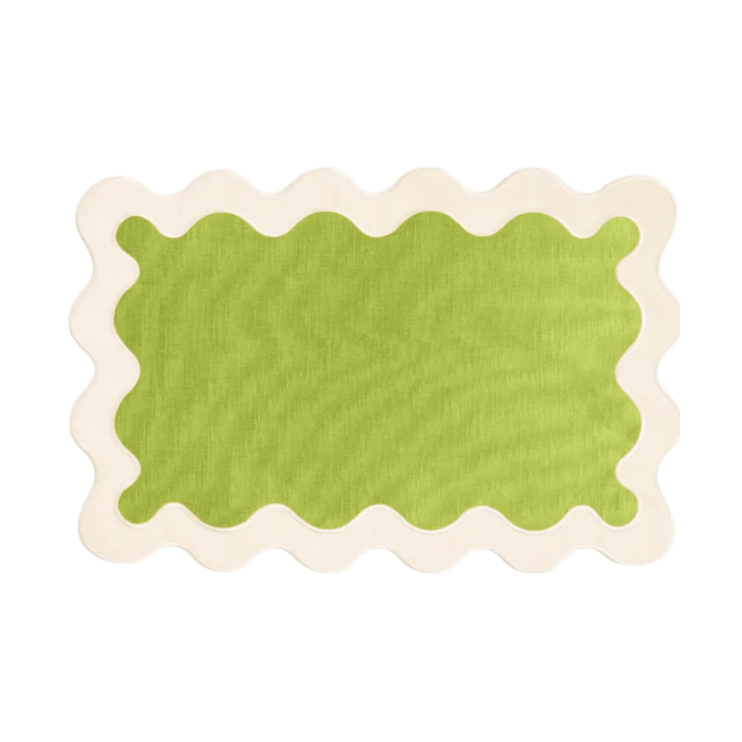 White and Green 100% Linen Scallop Placemats - Set of 4