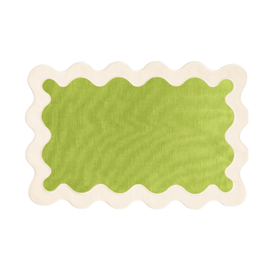 White and Green 100% Linen Scallop Placemats - Set of 4 - MAIA HOMES